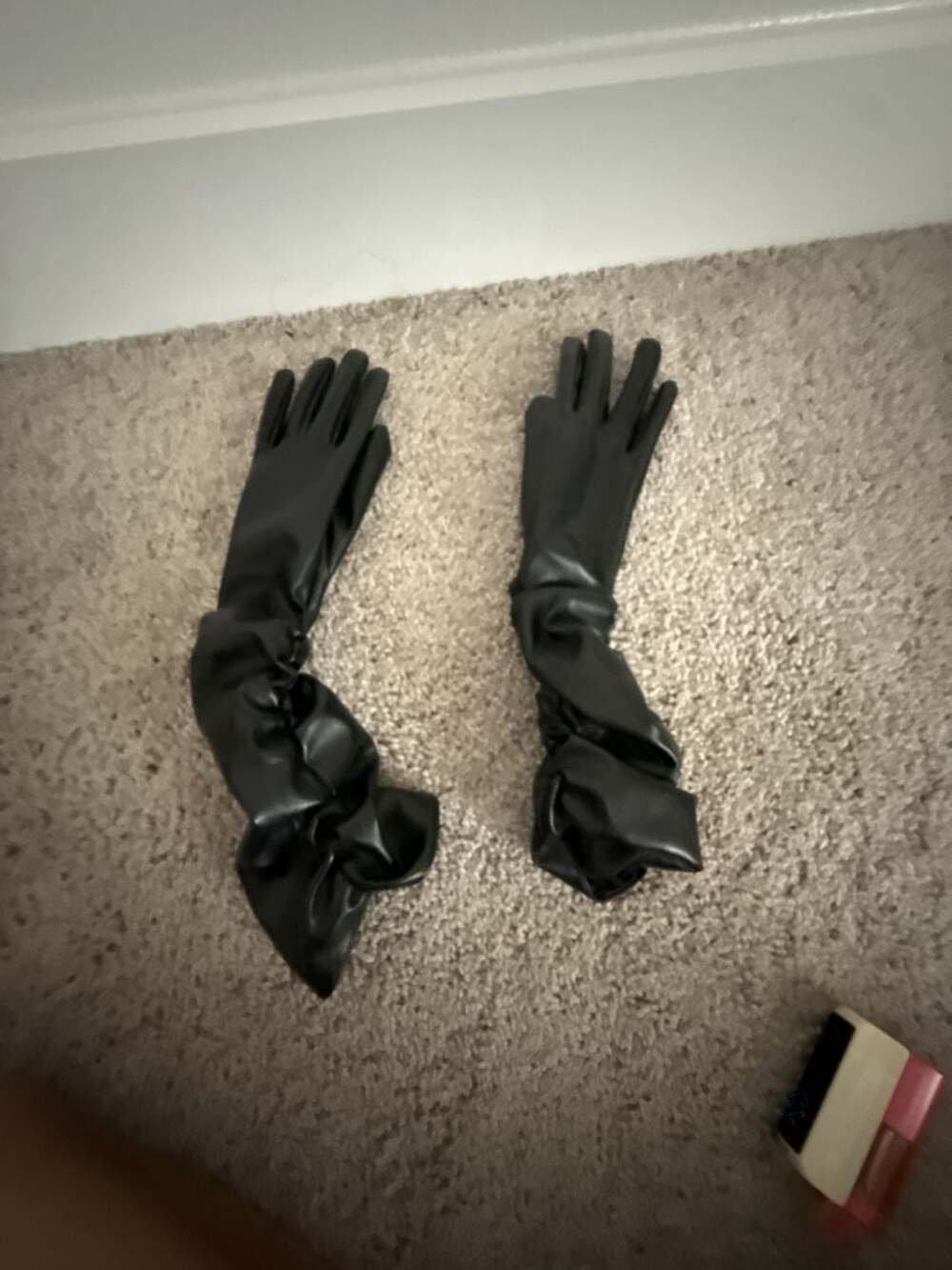 Women Faux Leather Long Ruched Gloves Black